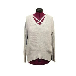 Free For All Oversized Gray Loose Knit V-neck Criss Cross Straps Sweater SZ L